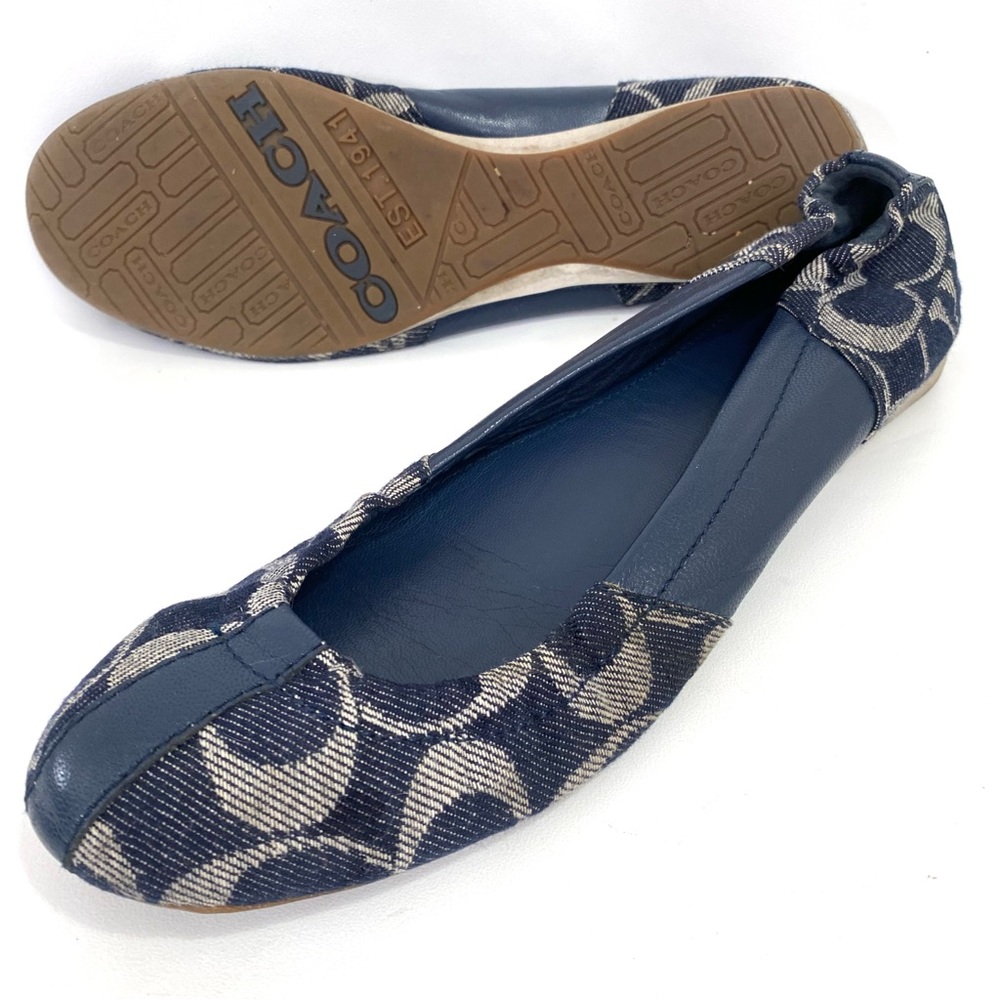 Coach Ballet Flat Logo Printed Shoes 8 B Blue Leather Fabric Round Toe Slip On
